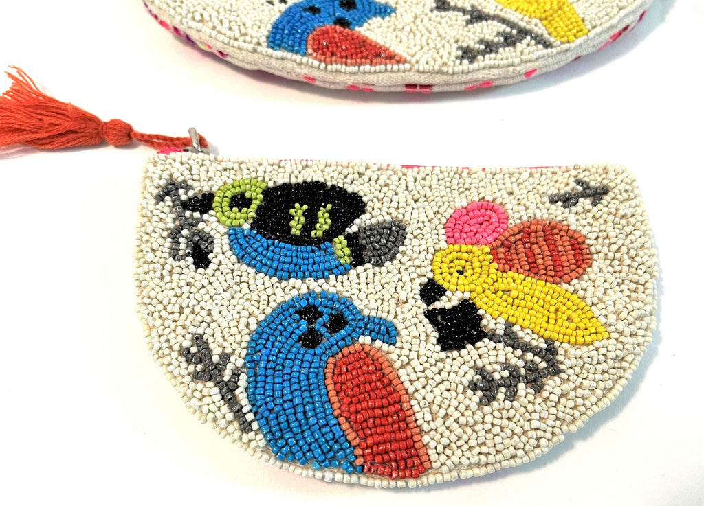 America & Beyond Beaded Clutch with Removeable Cross Body Chain and Coin Purse Beaded Birds and Embroidery 2 pc set