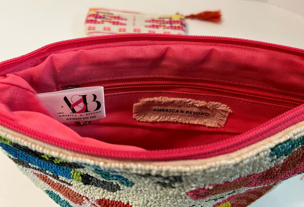 America & Beyond Beaded Clutch with Removeable Cross Body Chain and Coin Purse Beaded Birds and Embroidery 2 pc set