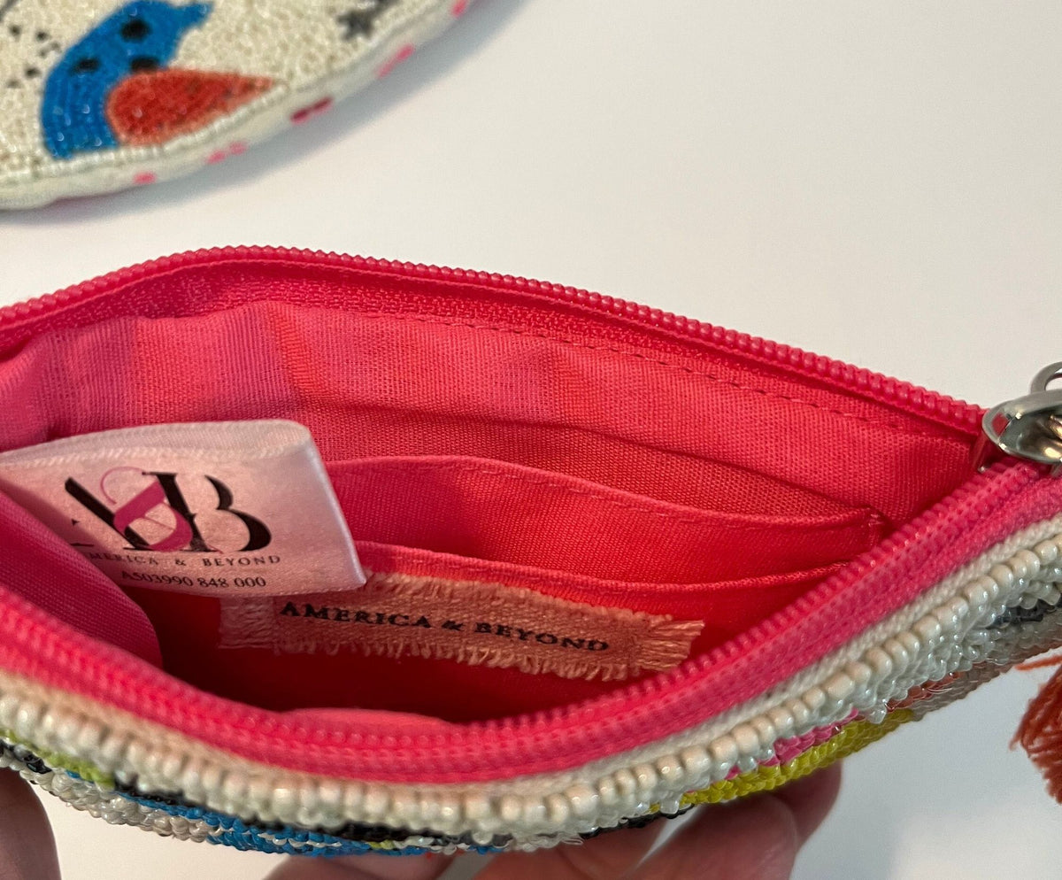 America & Beyond Beaded Clutch with Removeable Cross Body Chain and Coin Purse Beaded Birds and Embroidery 2 pc set