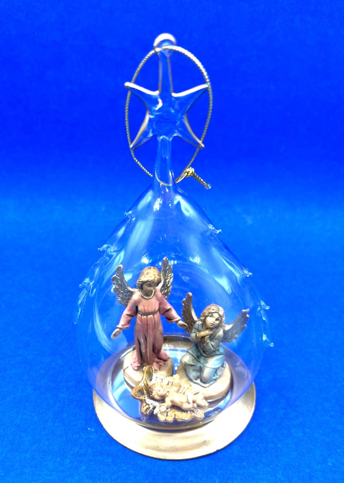 Handcrafted Blown Glass Nativity Ornament With Fontanini Angels & Baby Jesus Figurines Inside Gold Base & Star Detail  6.5" tall