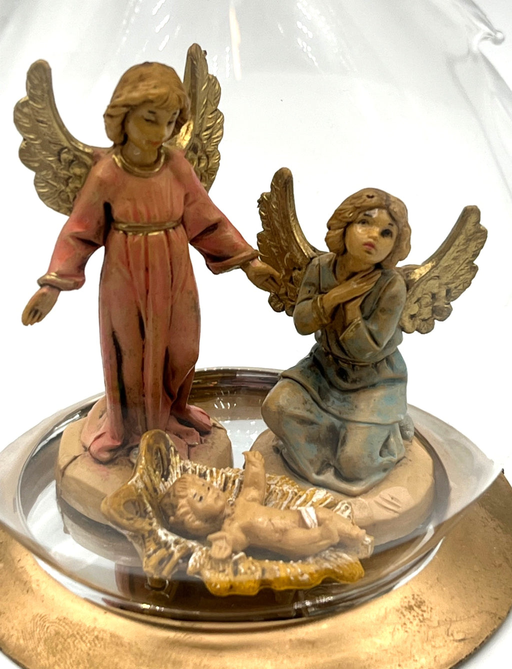 Handcrafted Blown Glass Nativity Ornament With Fontanini Angels & Baby Jesus Figurines Inside Gold Base & Star Detail  6.5" tall