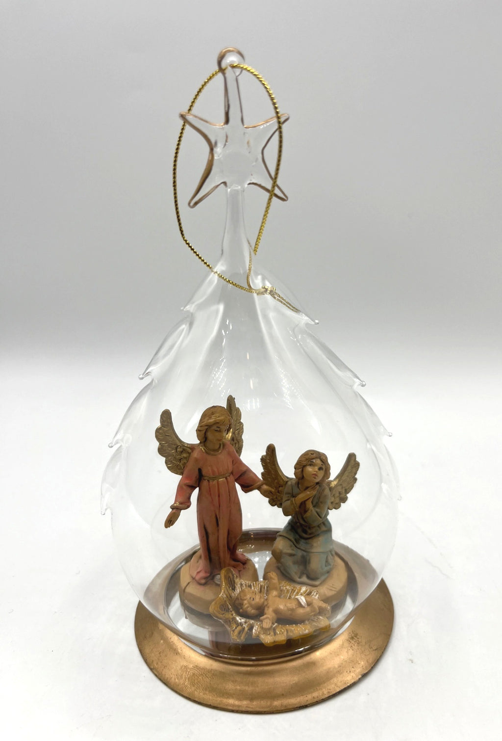 Handcrafted Blown Glass Nativity Ornament With Fontanini Angels & Baby Jesus Figurines Inside Gold Base & Star Detail  6.5" tall