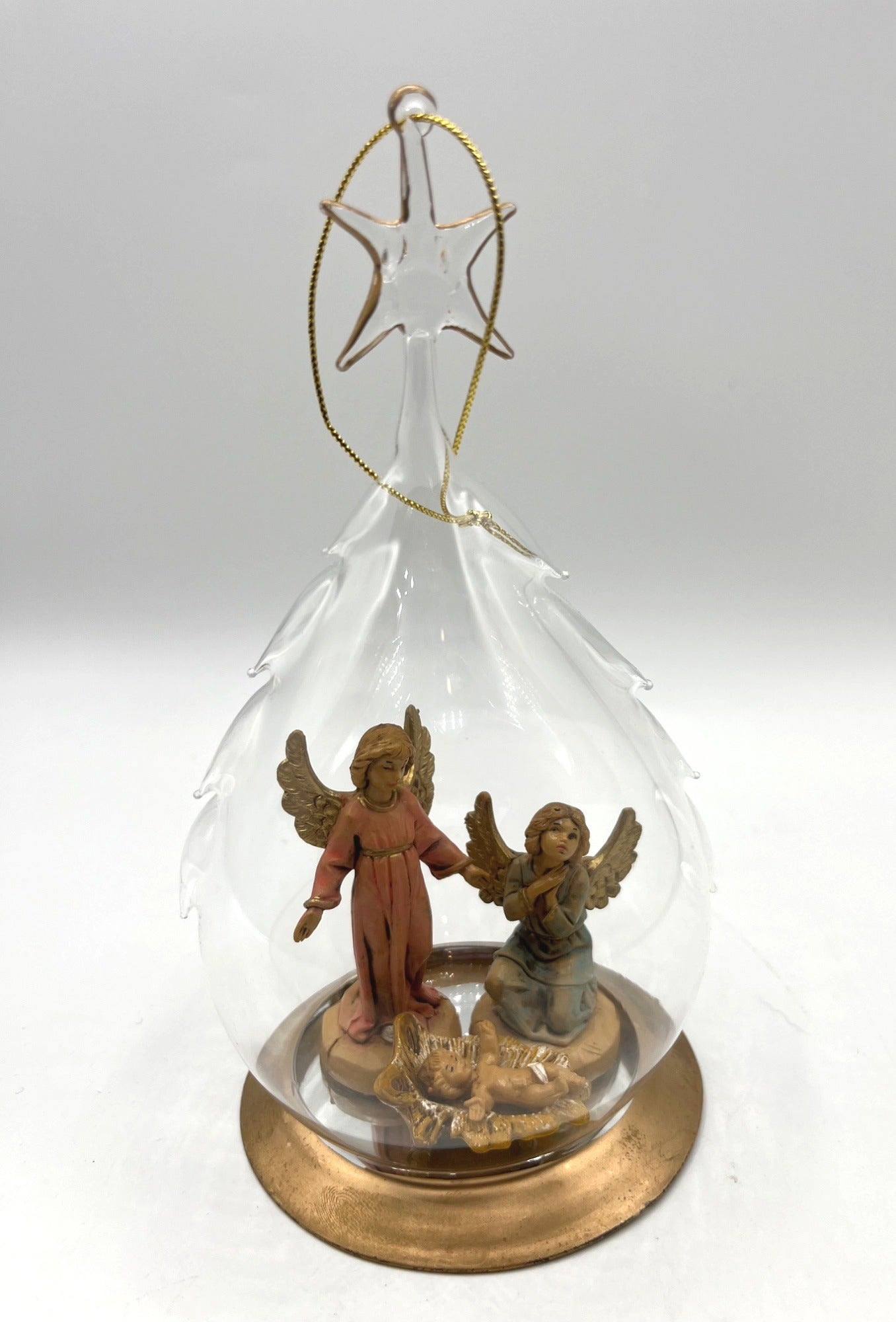 Handcrafted Blown Glass Nativity Ornament With Fontanini Angels & Baby Jesus Figurines Inside Gold Base & Star Detail  6.5" tall