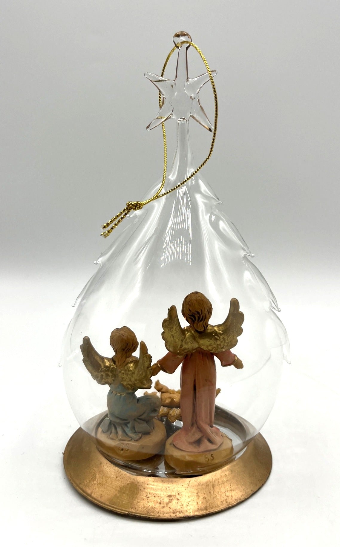 Handcrafted Blown Glass Nativity Ornament With Fontanini Angels & Baby Jesus Figurines Inside Gold Base & Star Detail  6.5" tall
