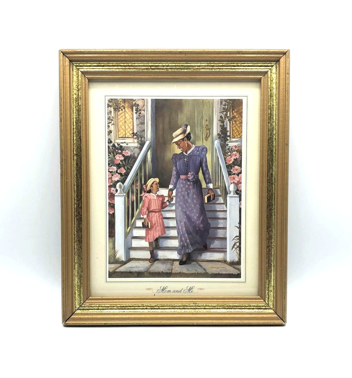 Art Lithograph "Mom and Me" by Dean Winters. A framed nostalgic image of mother and daughter with their Bibles in Sunday dress and hats.