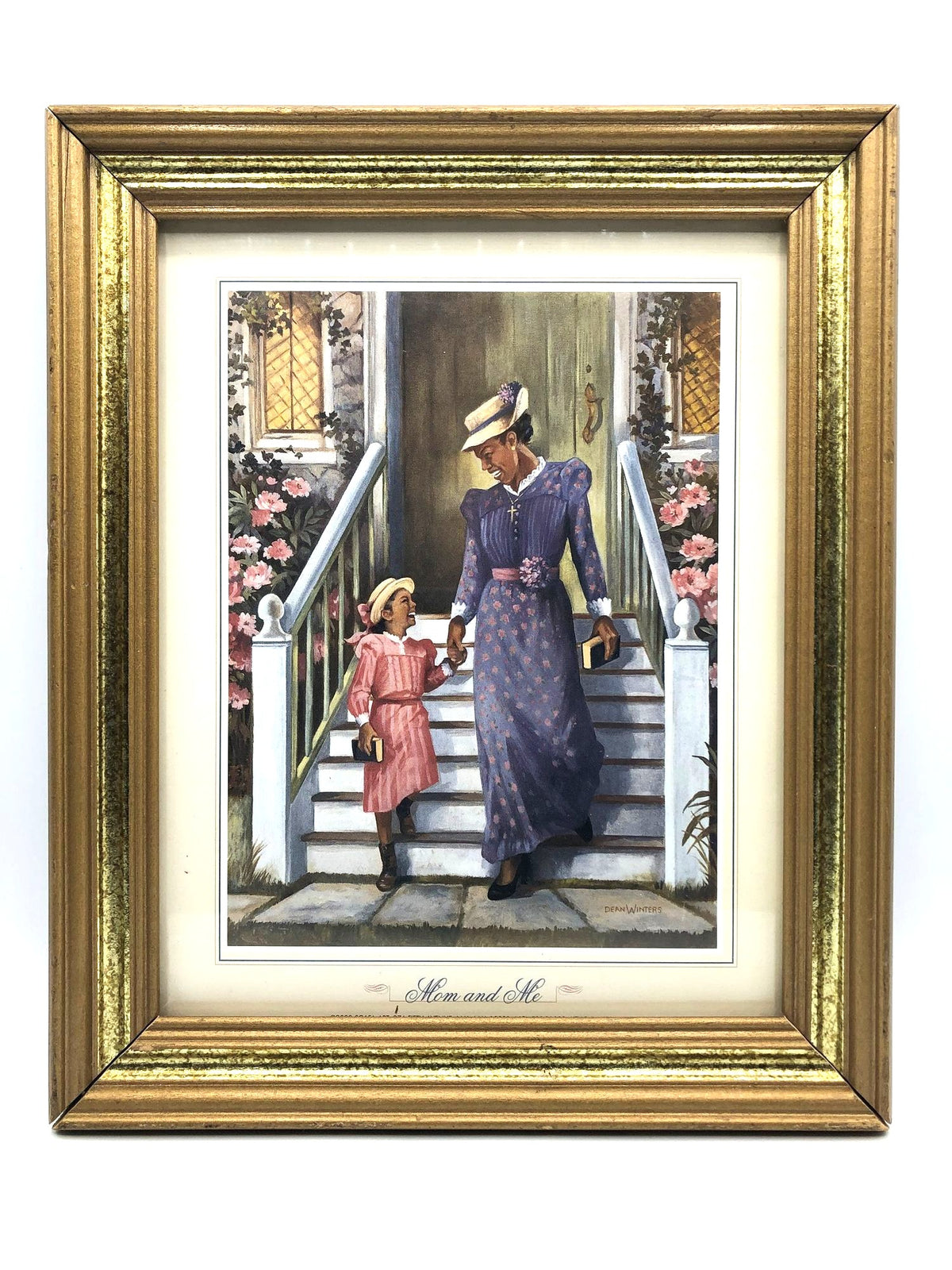Art Lithograph "Mom and Me" by Dean Winters. A framed nostalgic image of mother and daughter with their Bibles in Sunday dress and hats.