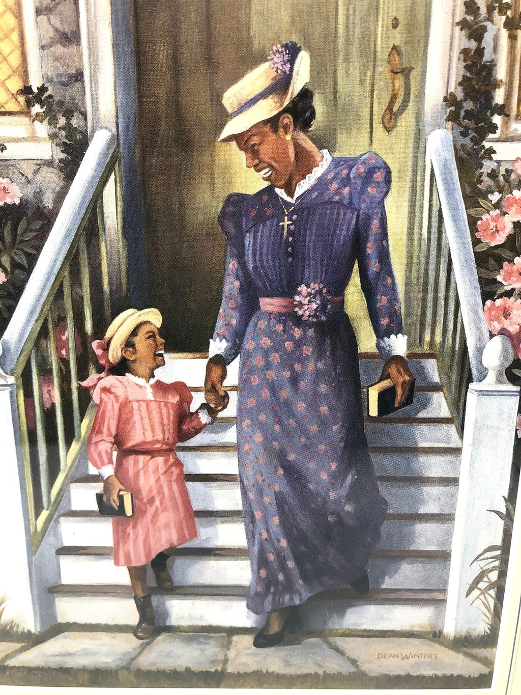 Art Lithograph "Mom and Me" by Dean Winters. A framed nostalgic image of mother and daughter with their Bibles in Sunday dress and hats.