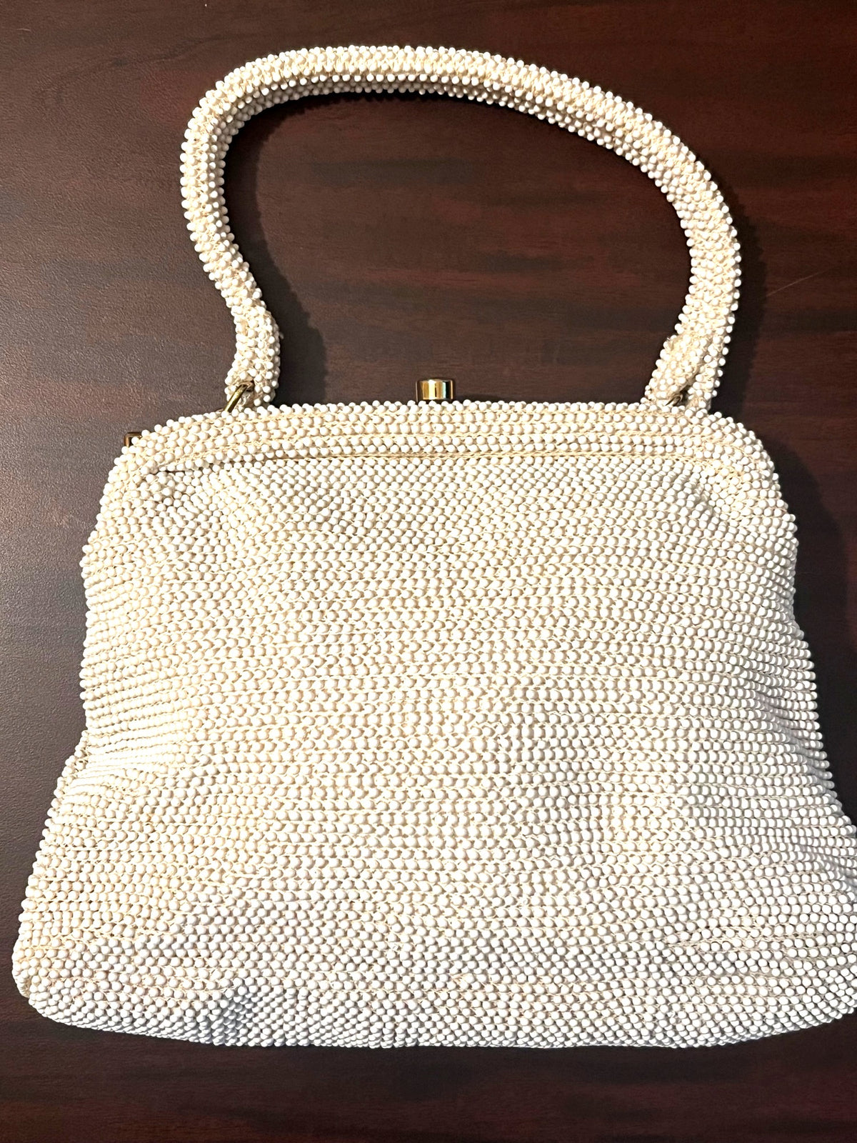 Vintage White Beaded Evening Handbag With Gold-Tone Frame 9" x 7"