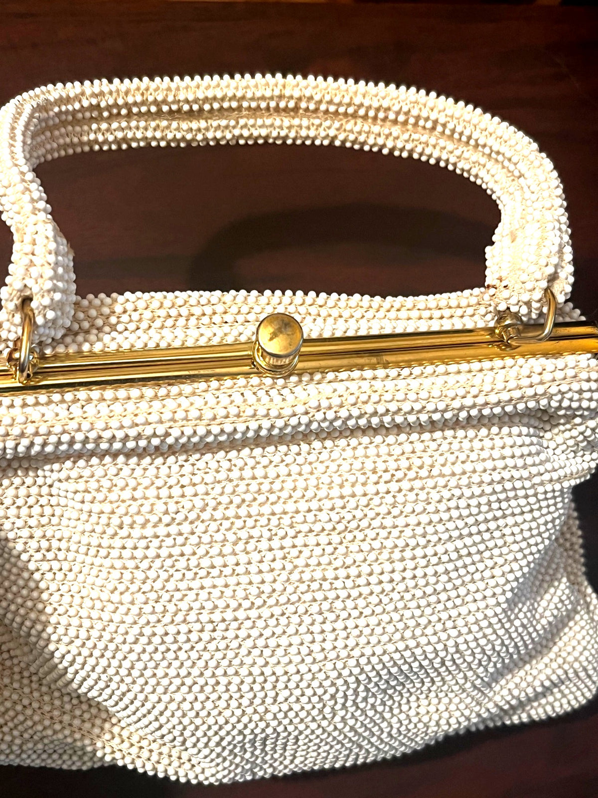 Vintage White Beaded Evening Handbag With Gold-Tone Frame 9" x 7"