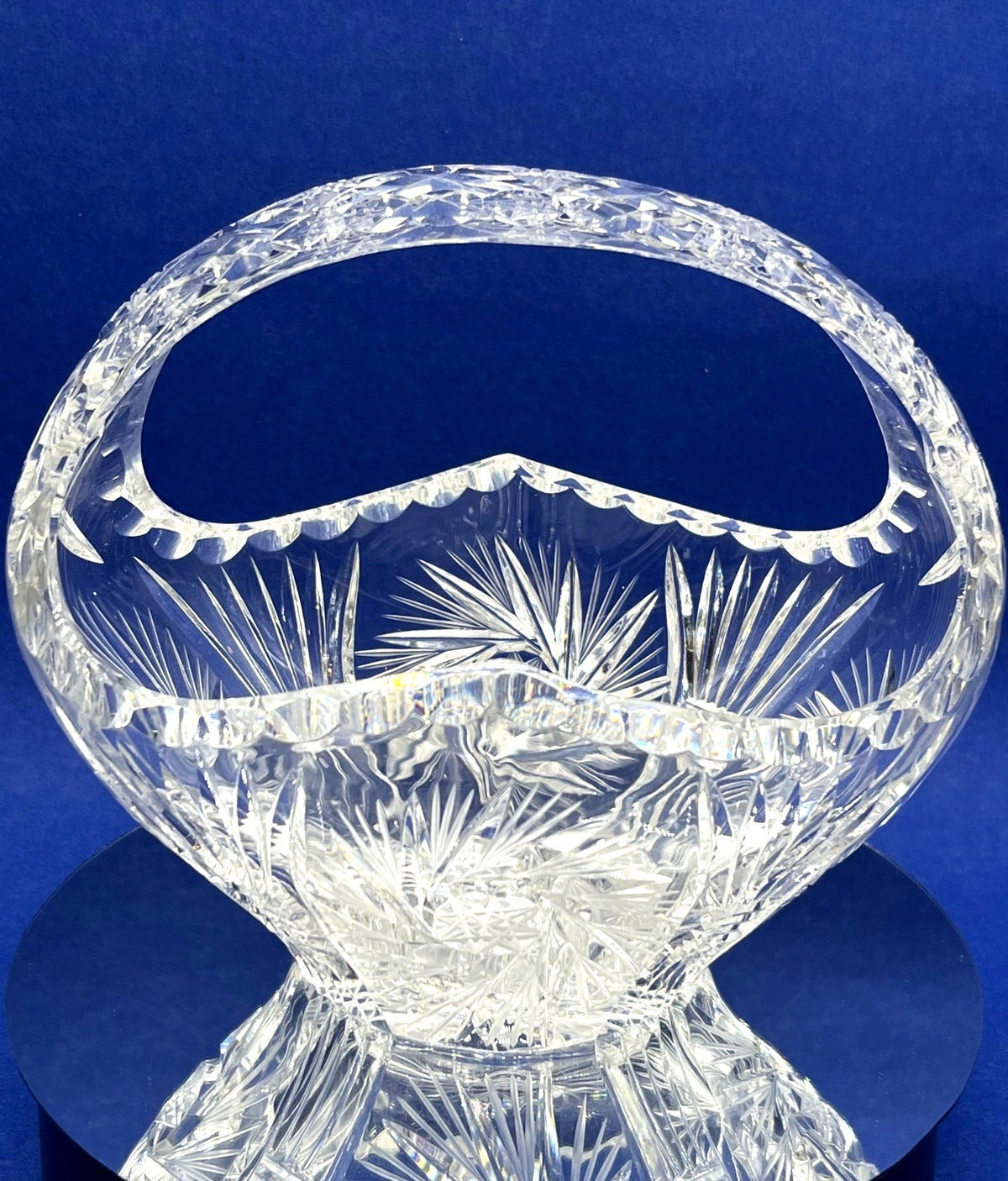 Vintage Mid Century Cut Crystal Decorative Basket With Handle 7" x 5" x 6" high