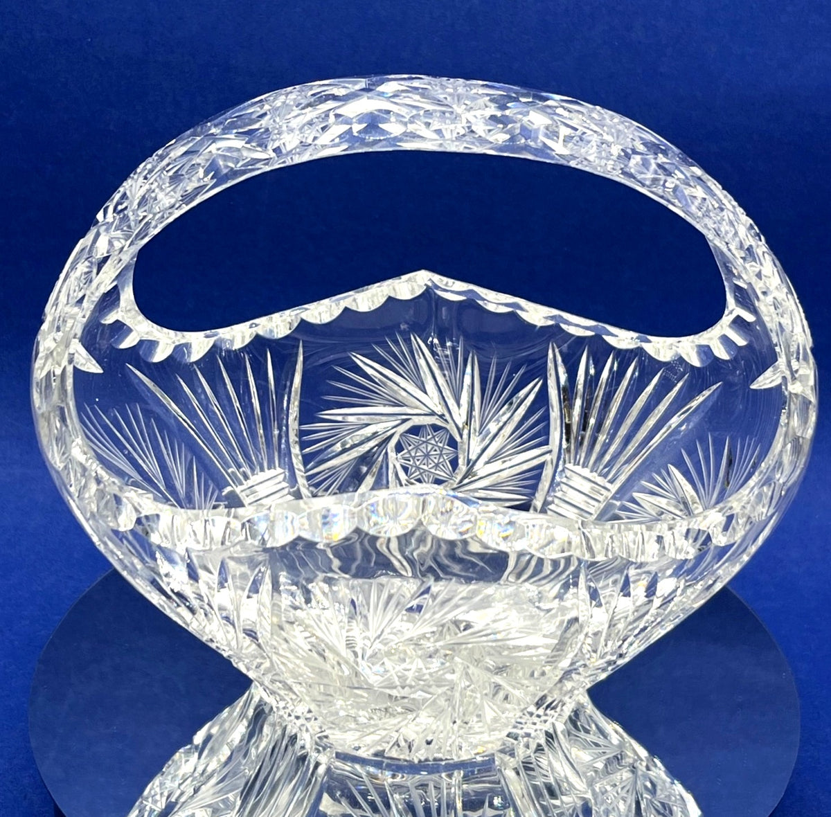 Vintage Mid Century Cut Crystal Decorative Basket With Handle 7" x 5" x 6" high