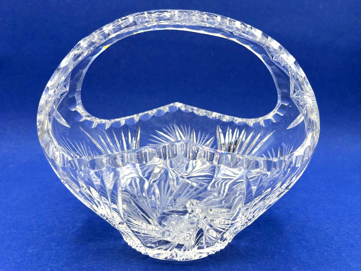 Vintage Mid Century Cut Crystal Decorative Basket With Handle 7" x 5" x 6" high