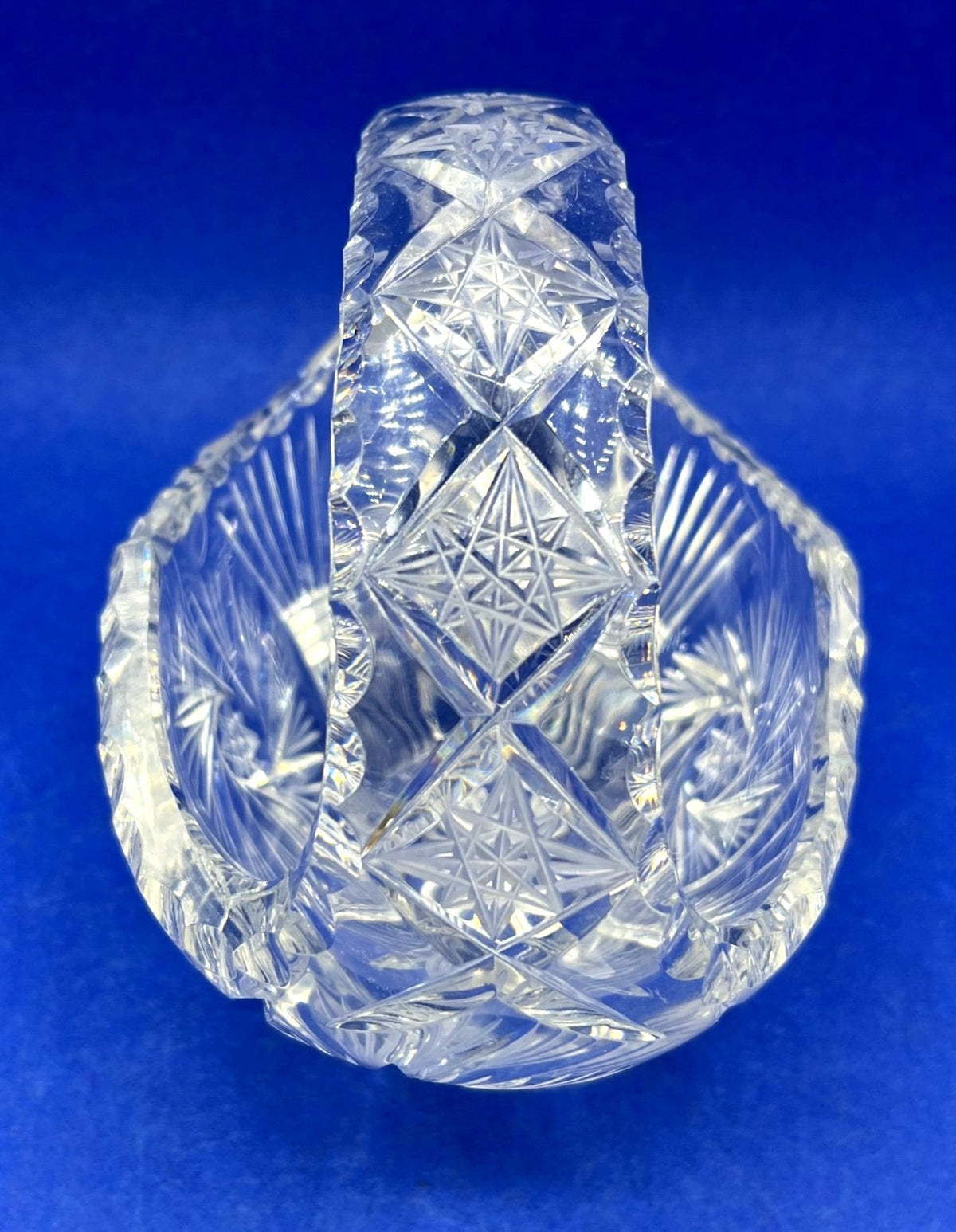 Vintage Mid Century Cut Crystal Decorative Basket With Handle 7" x 5" x 6" high