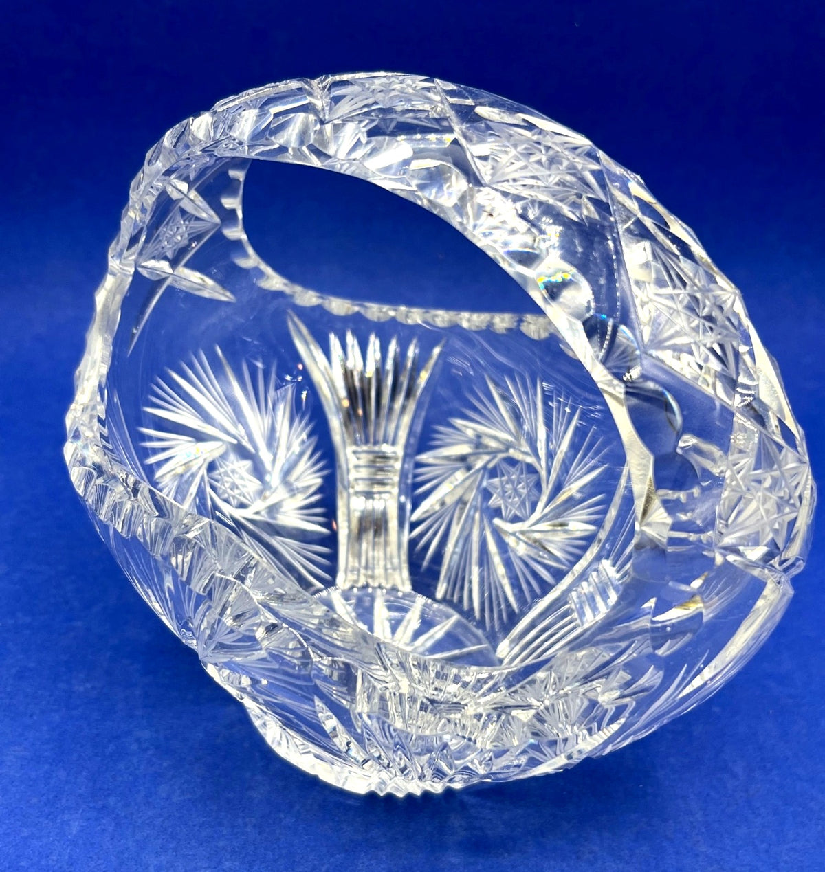 Vintage Mid Century Cut Crystal Decorative Basket With Handle 7" x 5" x 6" high