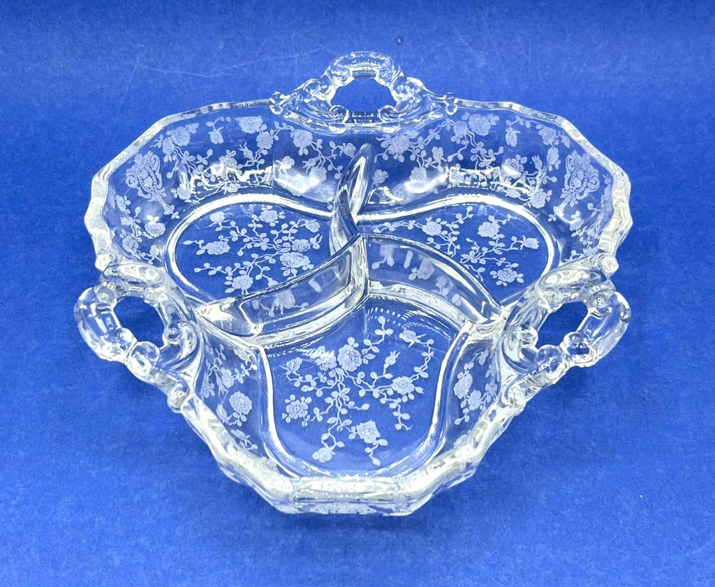 Vintage 1930's Cambridge Rose Divided Clear Glass Relish Dish With Etched Design & 3 Handles 8"
