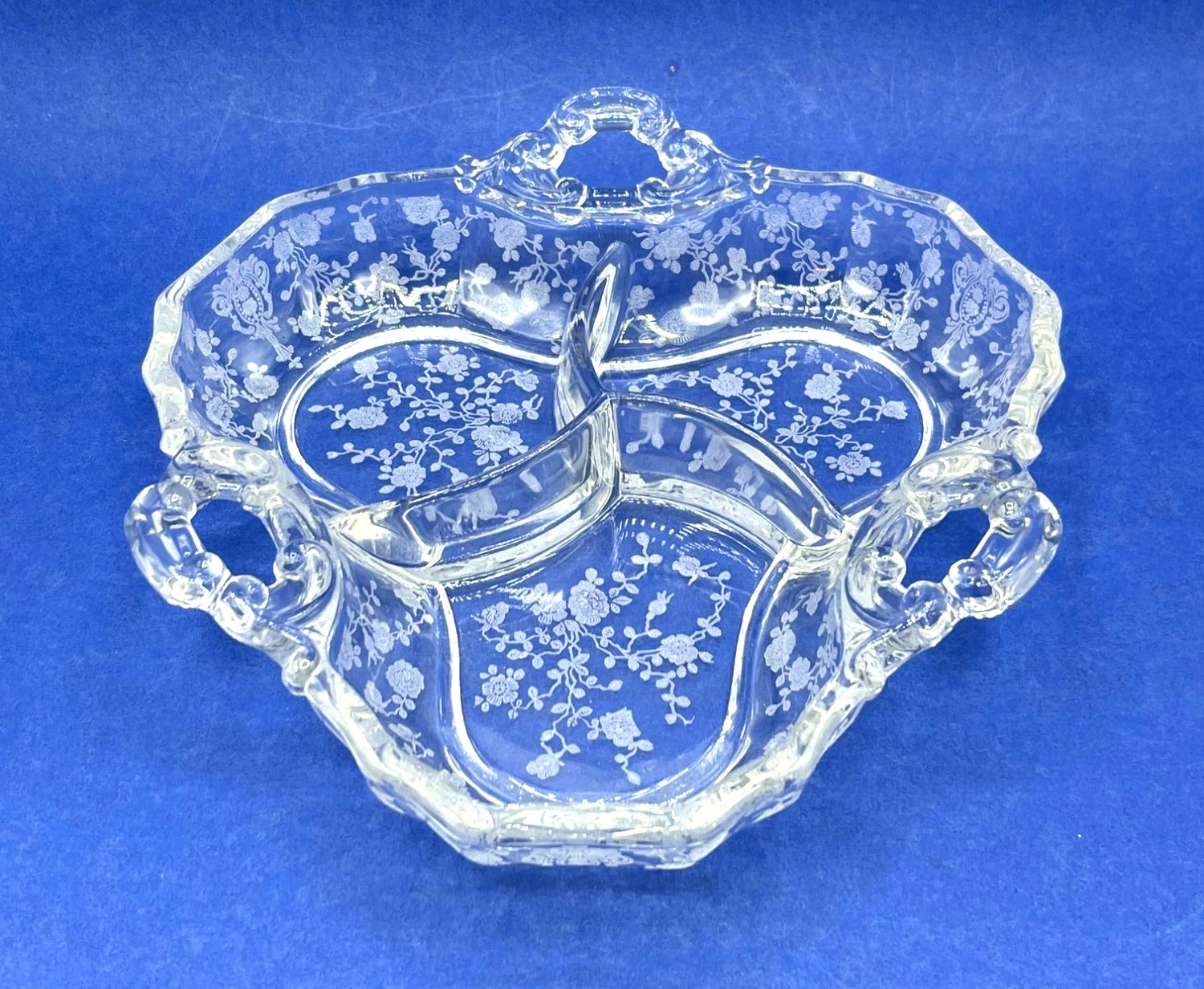 Vintage 1930's Cambridge Rose Divided Clear Glass Relish Dish With Etched Design & 3 Handles 8"