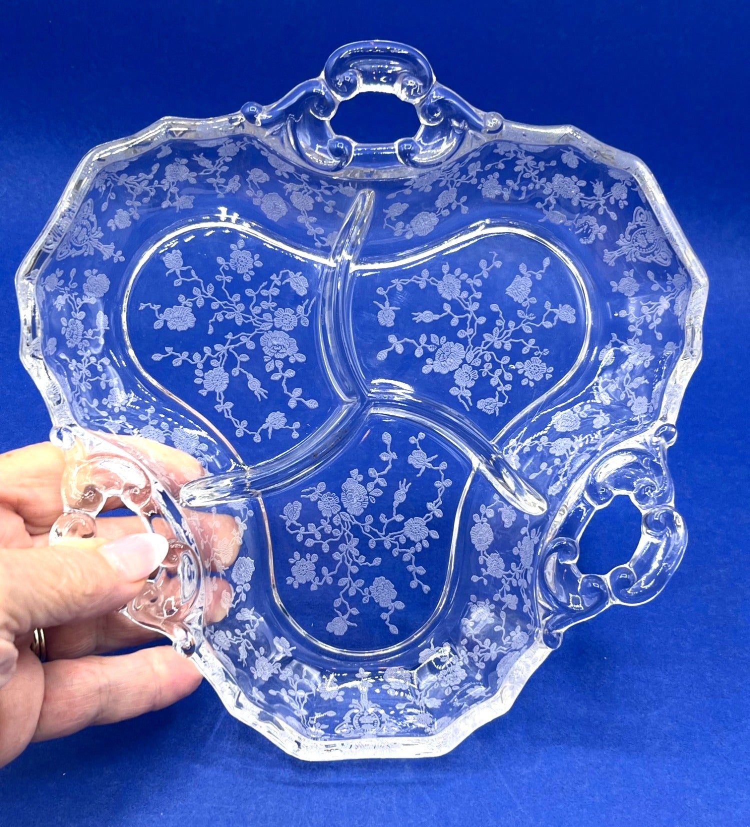Vintage 1930's Cambridge Rose Divided Clear Glass Relish Dish With Etched Design & 3 Handles 8"
