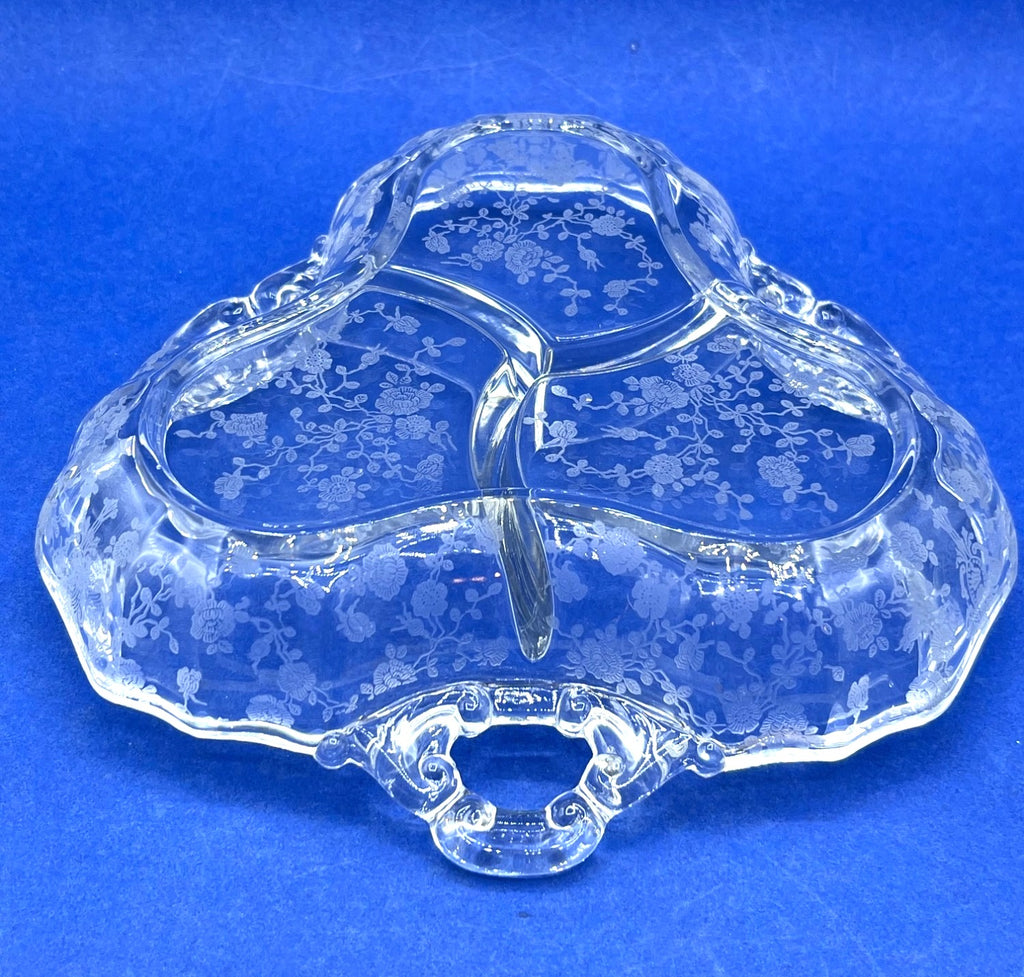 Vintage 1930's Cambridge Rose Divided Clear Glass Relish Dish With Etched Design & 3 Handles 8"