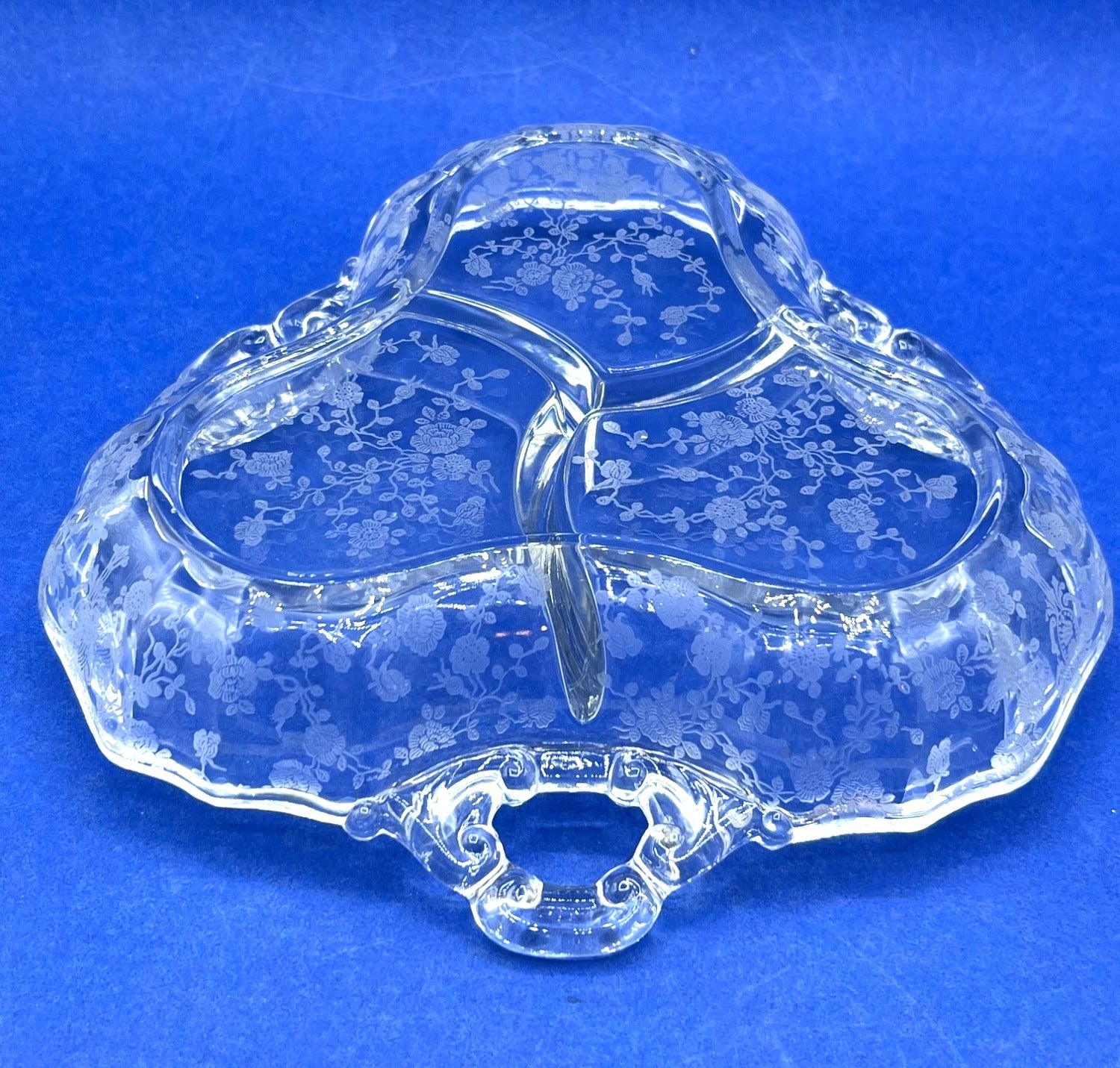 Vintage 1930's Cambridge Rose Divided Clear Glass Relish Dish With Etched Design & 3 Handles 8"