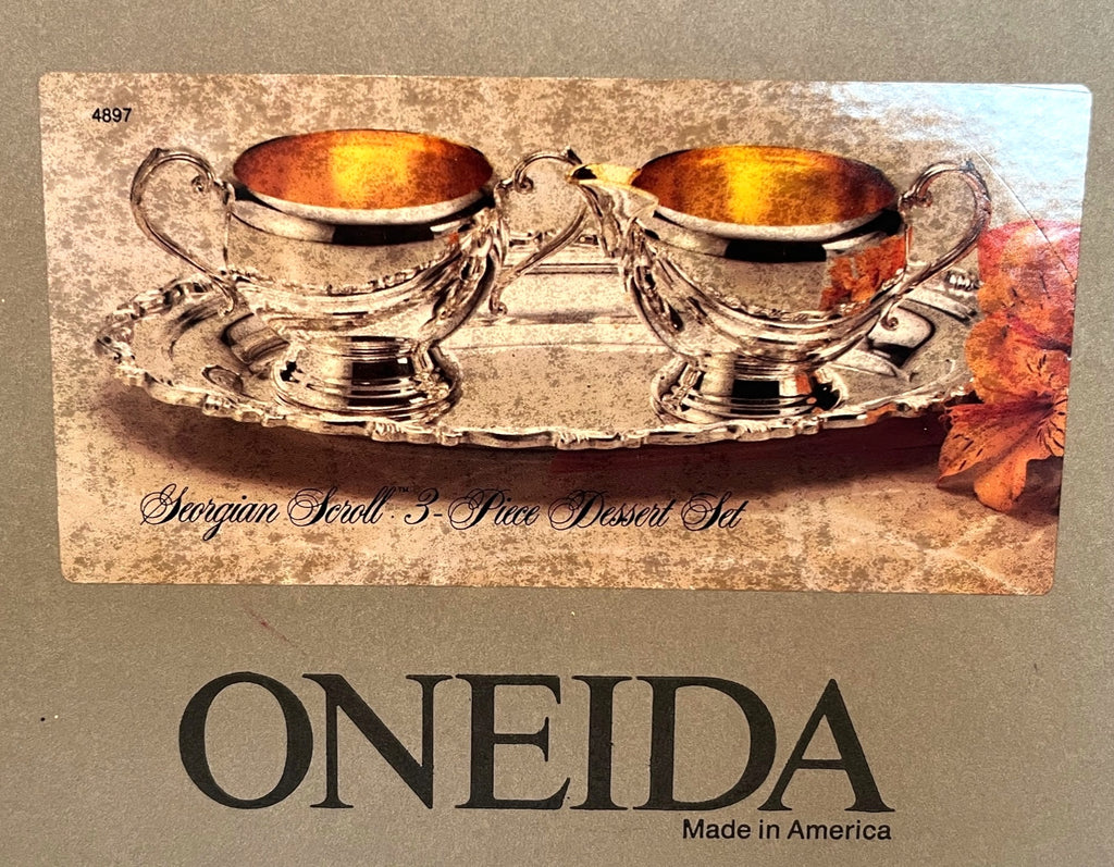 Oneida Georgian Scroll 3-Piece Dessert Set Silver Plate Tray Creamer and Sugar Bowl NIB
