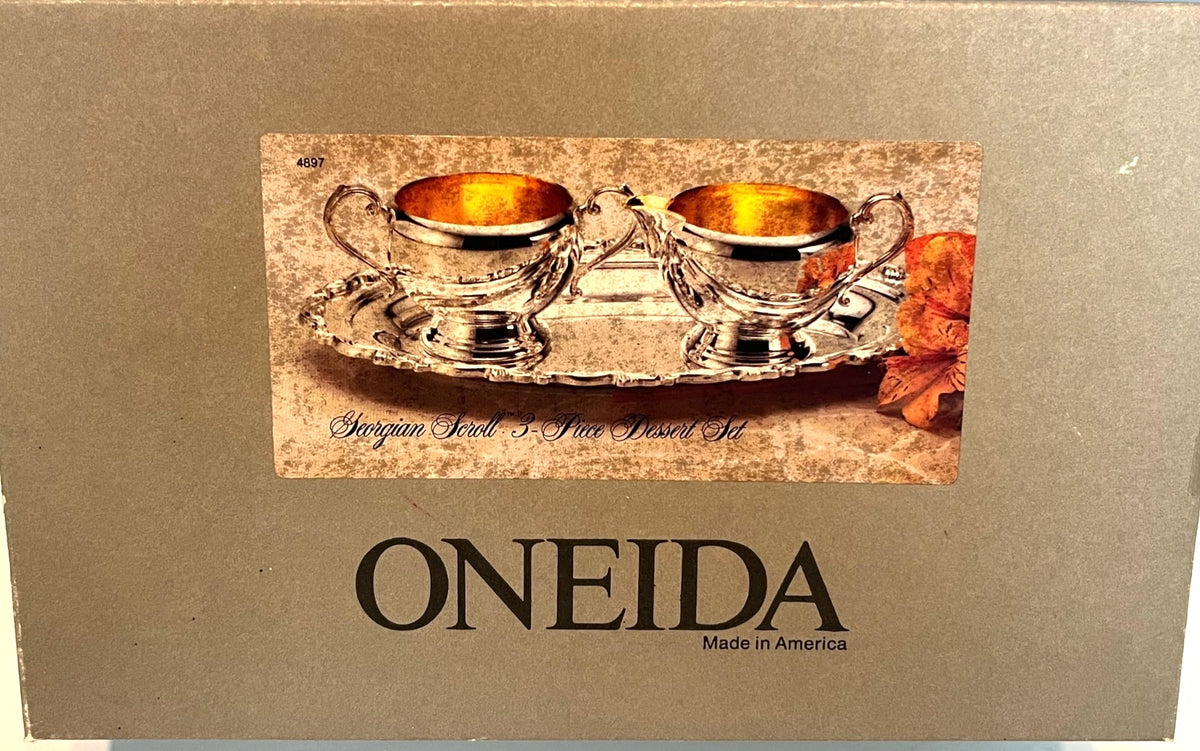 Oneida Georgian Scroll 3-Piece Dessert Set Silver Plate Tray Creamer and Sugar Bowl NIB