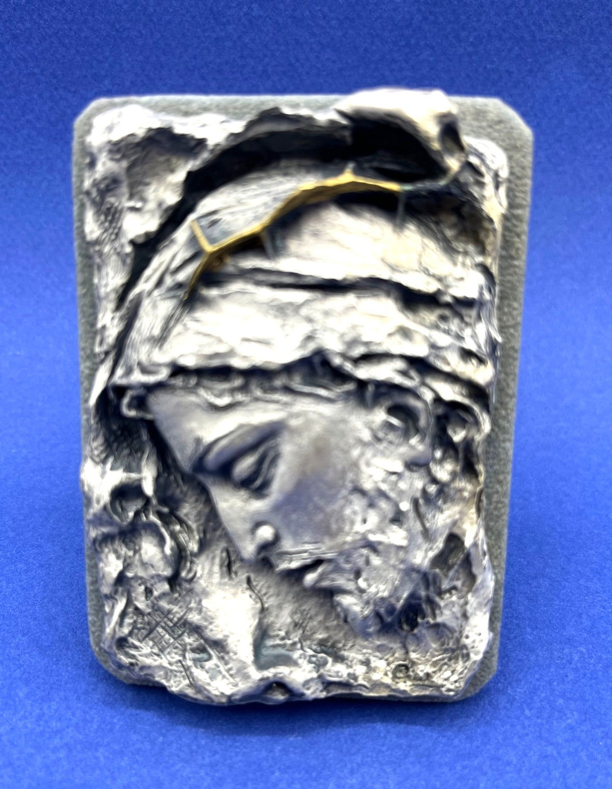 Art Sculpture Jesus Christ w Crown of Thorns 3D Plaque in Silver and Gold Accent Made in Italy 2.5" x 3.5"