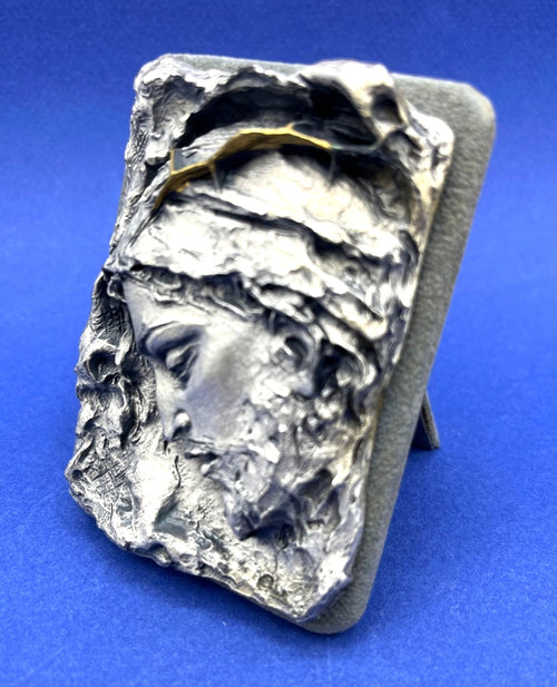 Art Sculpture Jesus Christ w Crown of Thorns 3D Plaque in Silver and Gold Accent Made in Italy 2.5" x 3.5"