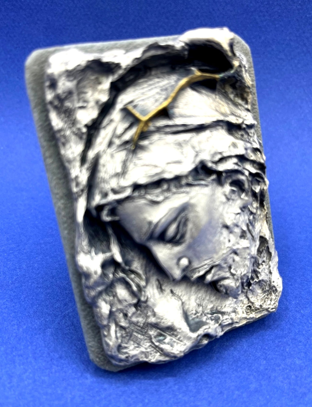 Art Sculpture Jesus Christ w Crown of Thorns 3D Plaque in Silver and Gold Accent Made in Italy 2.5" x 3.5"