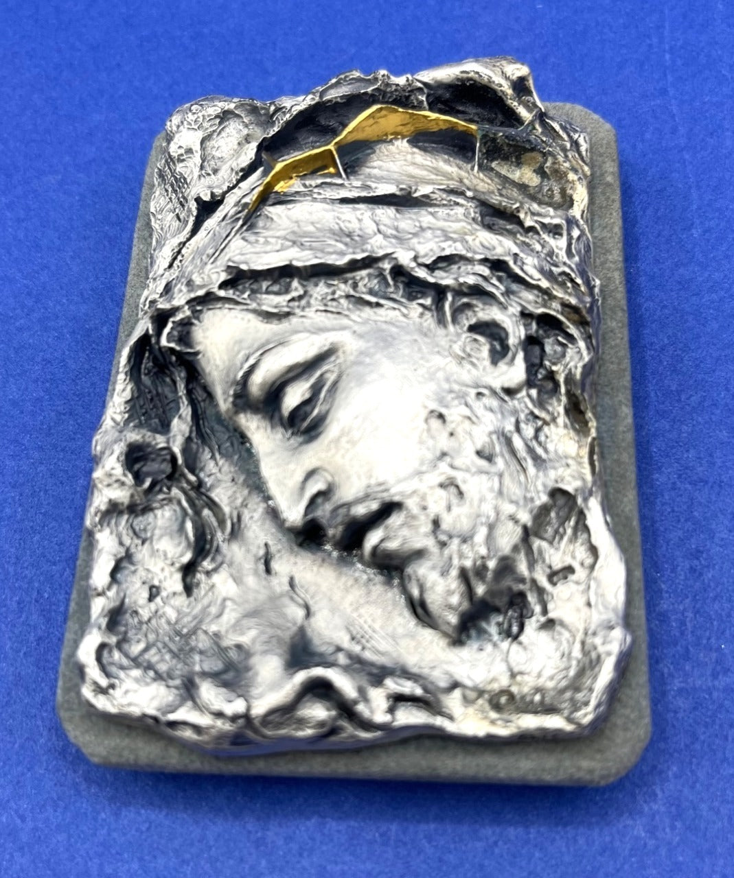 Art Sculpture Jesus Christ w Crown of Thorns 3D Plaque in Silver and Gold Accent Made in Italy 2.5" x 3.5"