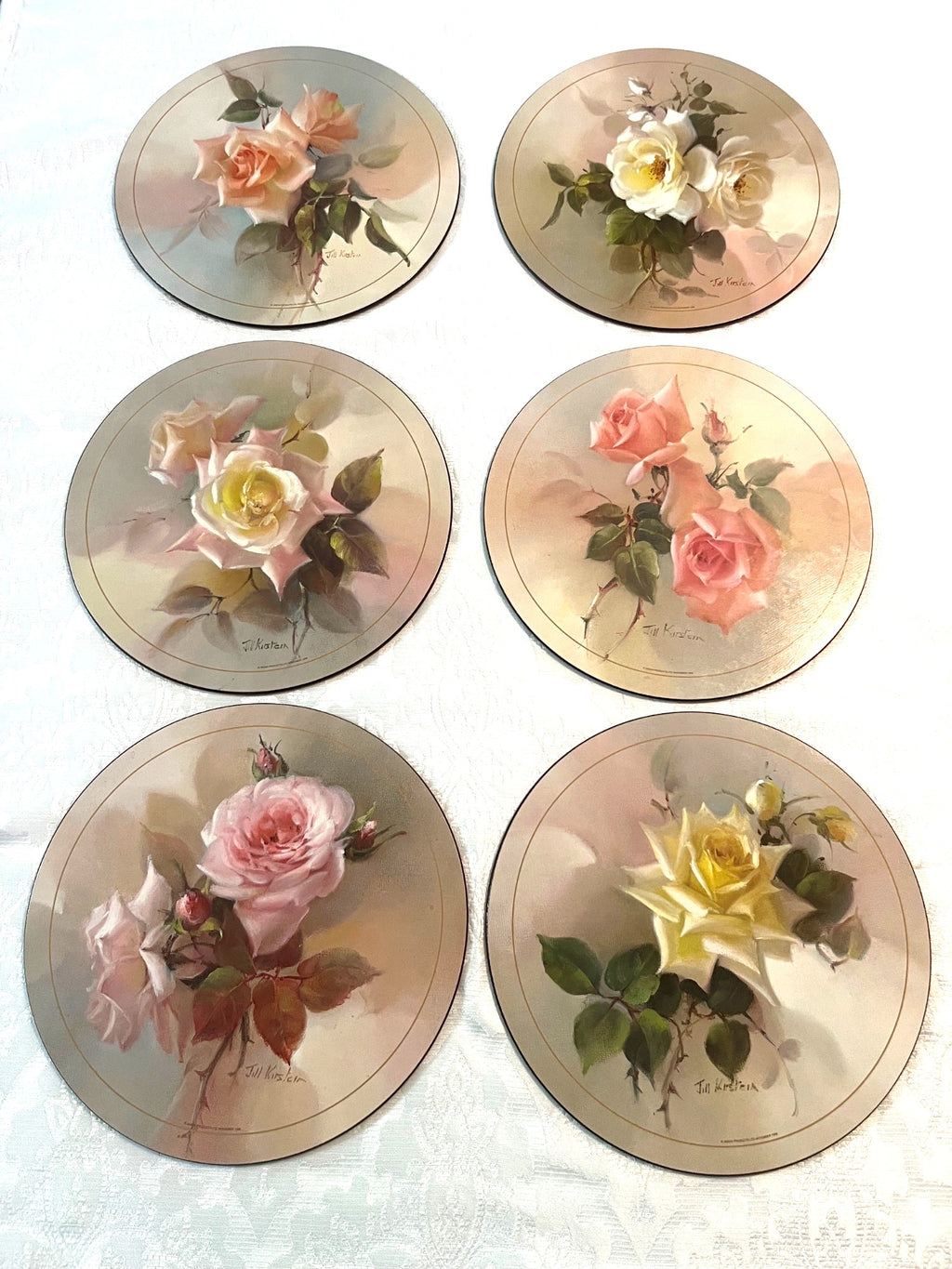 Jason Products Fragrant Blooms Rose-Themed Placemats Set Of 6 By Jill Kirstein Signed Prints 9.5"