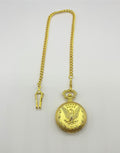 Liberty Eagle Gold Tone Pocket Watch with Chain, Dimensional Liberty Eagle on the front. New Battery Installed.  1.75" diameter
