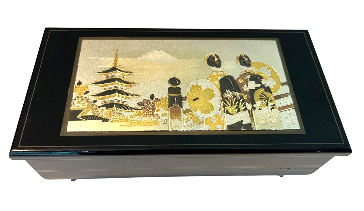Vintage Japanese Chokin Art Musical Jewelry Box With Mirror & Red Velvet Interior 9" x 4.5" x 3.5" high