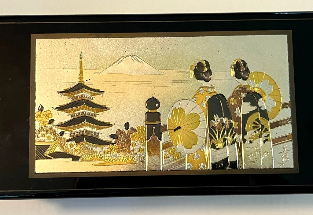 Vintage Japanese Chokin Art Musical Jewelry Box With Mirror & Red Velvet Interior 9" x 4.5" x 3.5" high