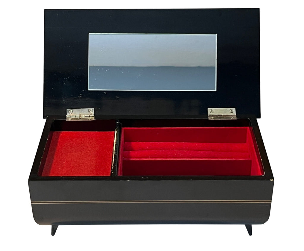 Vintage Japanese Chokin Art Musical Jewelry Box With Mirror & Red Velvet Interior 9" x 4.5" x 3.5" high