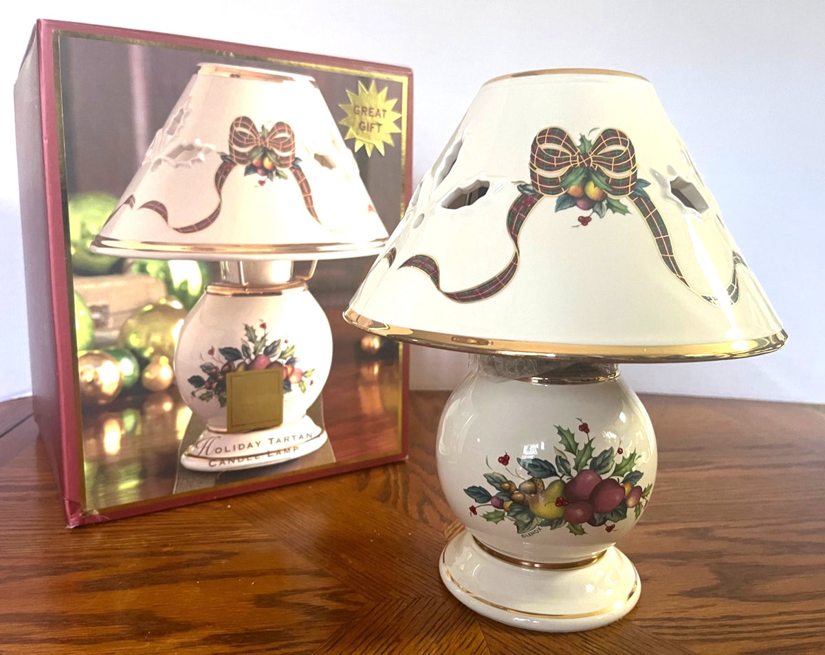 Lenox Holiday Tartan Ceramic Table Candle Lamp With Festive Bow & Fruit Design 10" tall