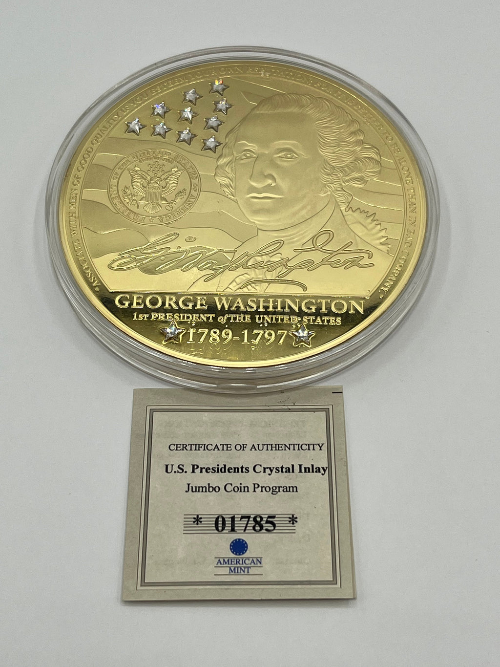 24K Gold Layered Jumbo George Washington Coin with Inlaid Crystals. U.S. Presidents Series American Mint 4" Diameter
