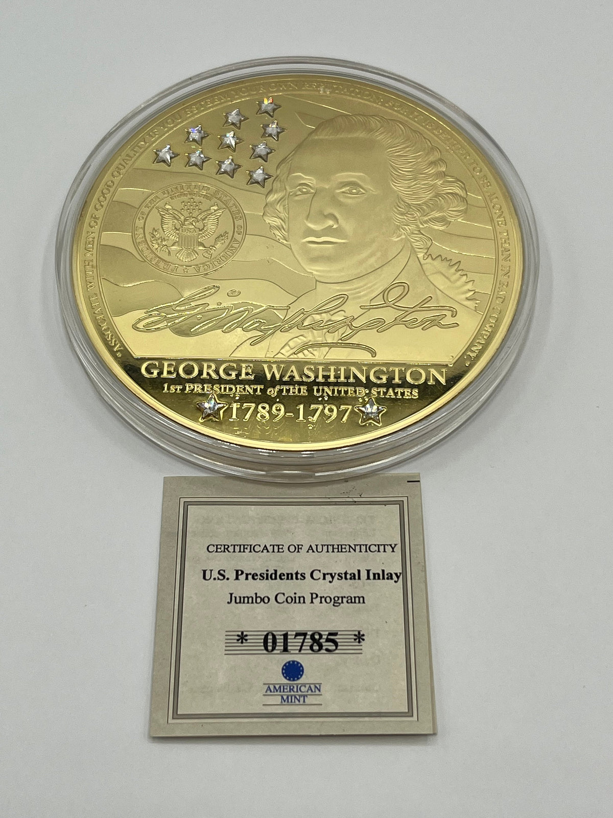 24K Gold Layered Jumbo George Washington Coin with Inlaid Crystals. U.S. Presidents Series American Mint 4" Diameter
