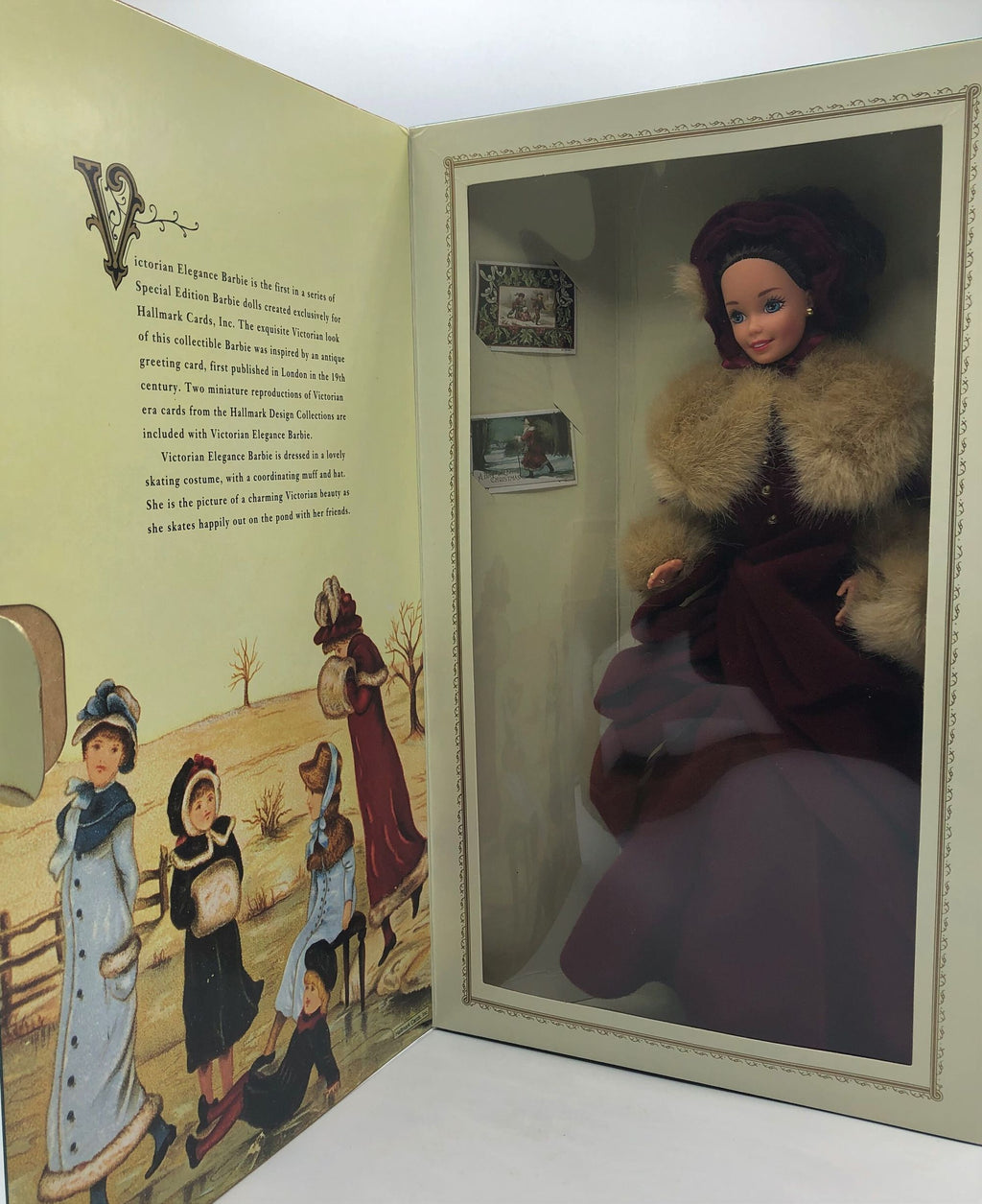 1994 Victorian Elegance Barbie Special Edition for Hallmark. Dressed in a Burgundy Skating Costume with Hat and Muff and Ice Skates. 11"