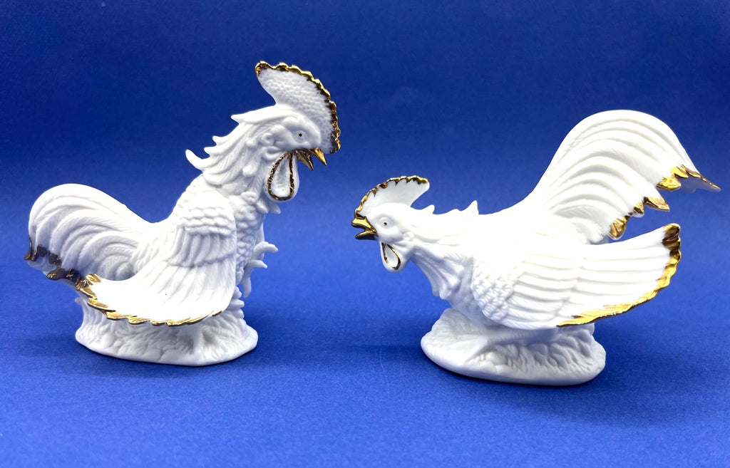 Vintage White Porcelain Fighting Rooster Figurines With Gold Accents 4.5" tall