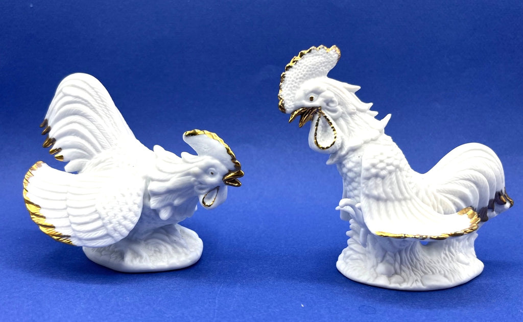 Vintage White Porcelain Fighting Rooster Figurines With Gold Accents 4.5" tall