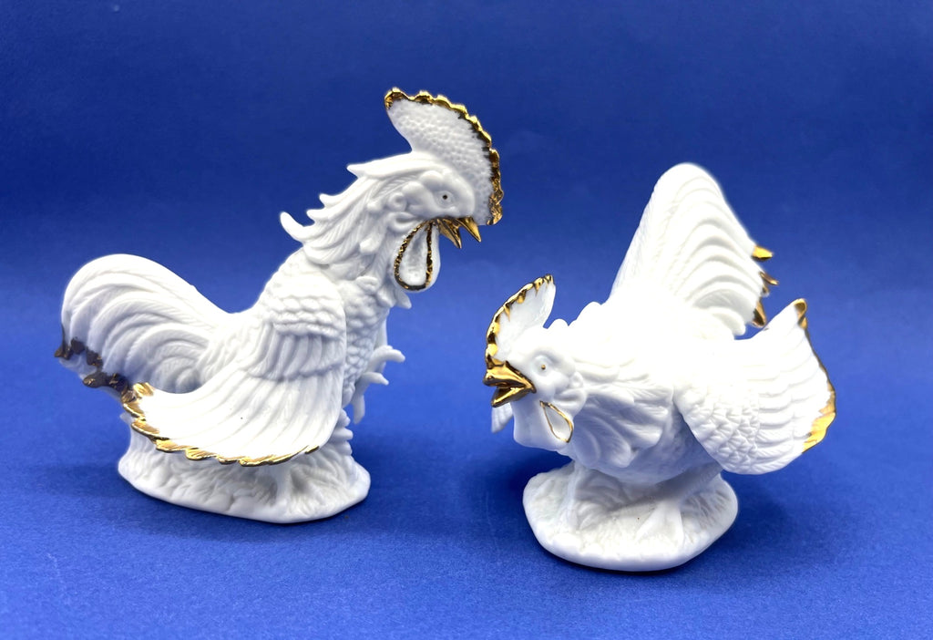Vintage White Porcelain Fighting Rooster Figurines With Gold Accents 4.5" tall