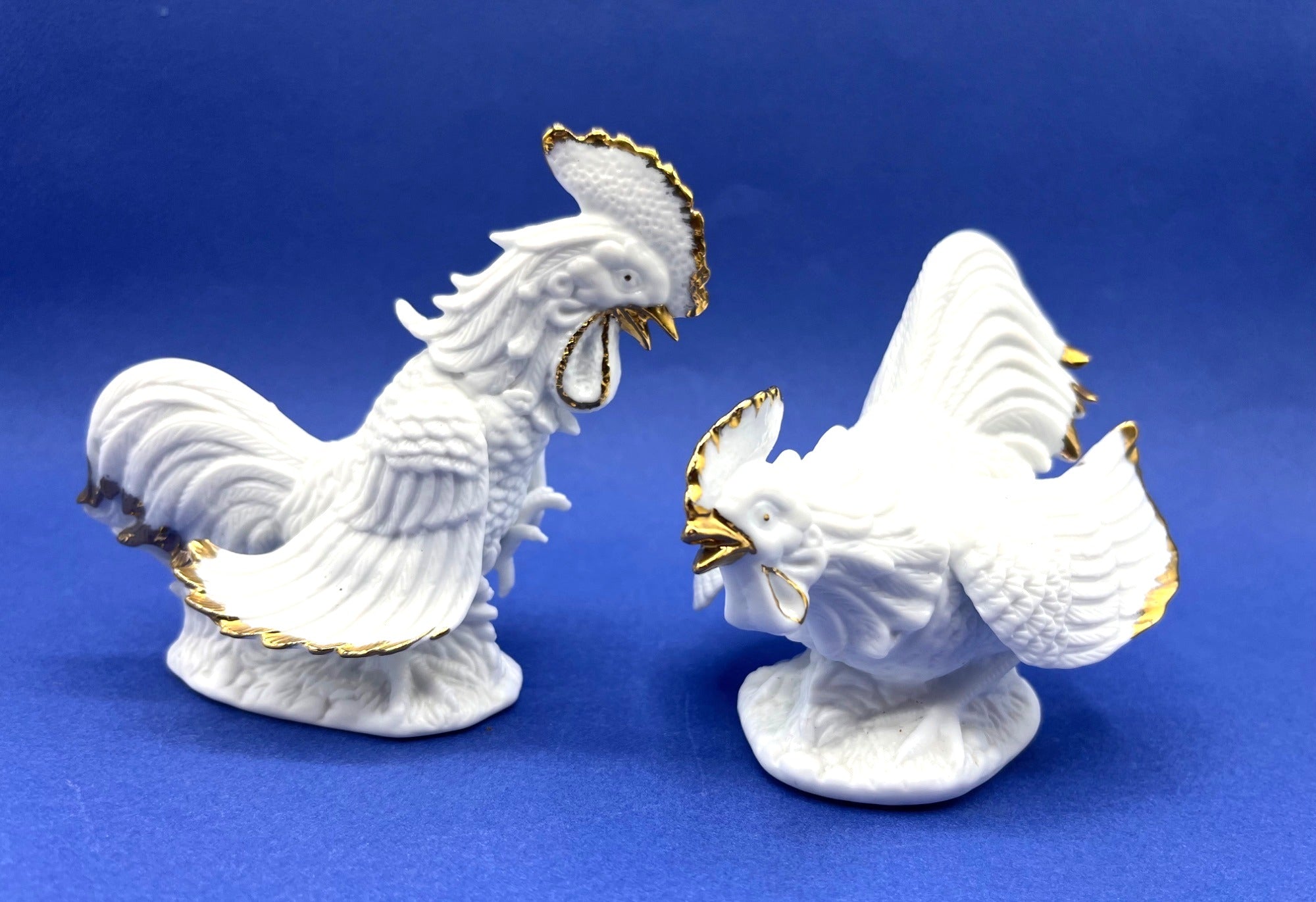 Vintage White Porcelain Fighting Rooster Figurines With Gold Accents 4.5" tall