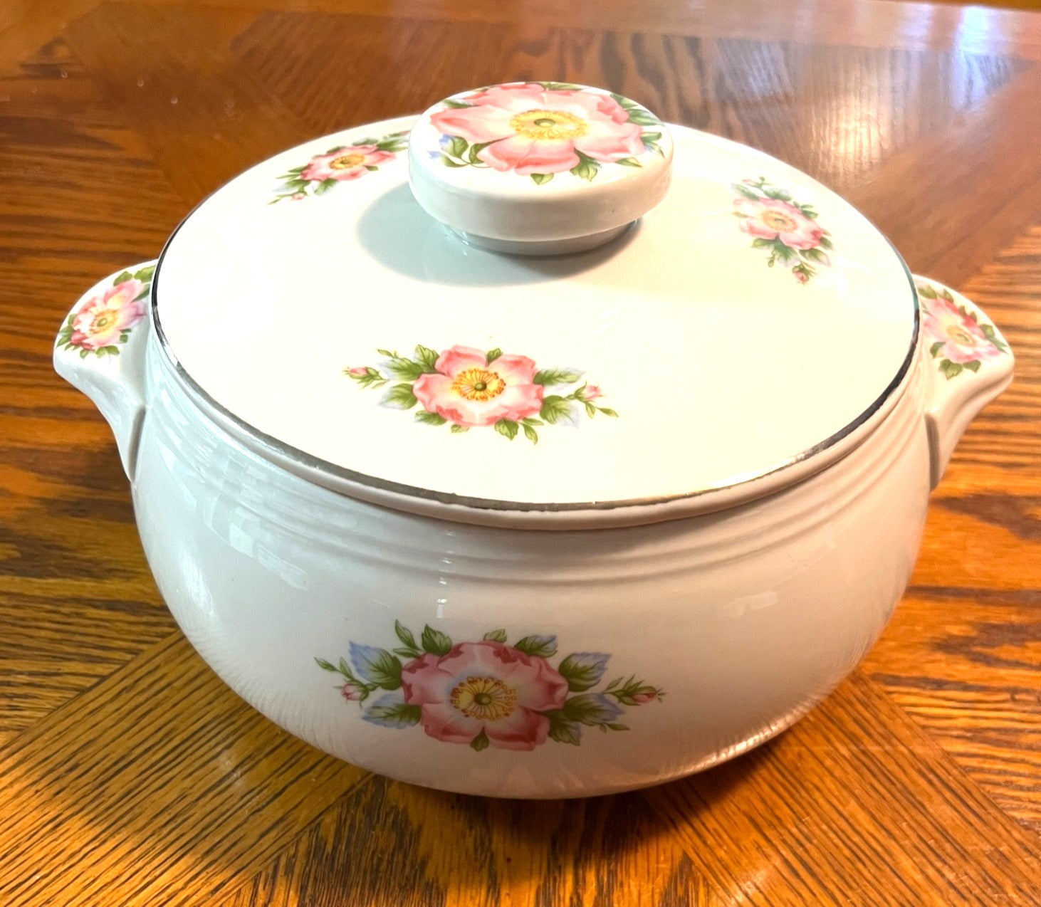 Vintage Halls Superior Rose White Kitchenware Ceramic Covered Casserole Dish With Handles Floral Pattern and Silver Trim Made In USA