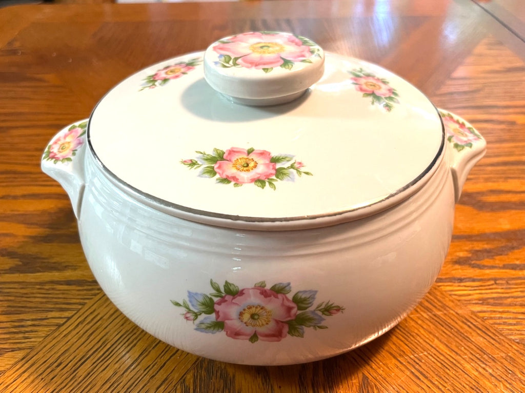 Vintage Halls Superior Rose White Kitchenware Ceramic Covered Casserole Dish With Handles Floral Pattern and Silver Trim Made In USA