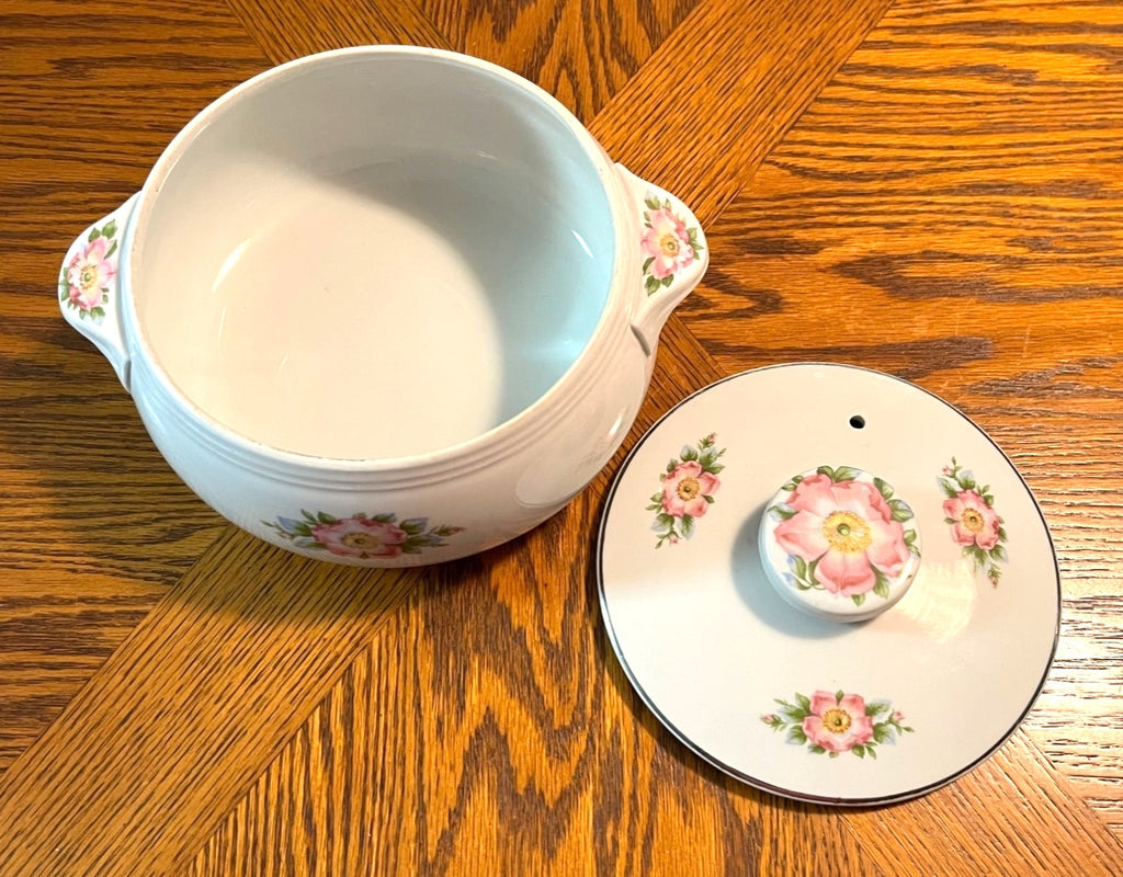 Vintage Halls Superior Rose White Kitchenware Ceramic Covered Casserole Dish With Handles Floral Pattern and Silver Trim Made In USA