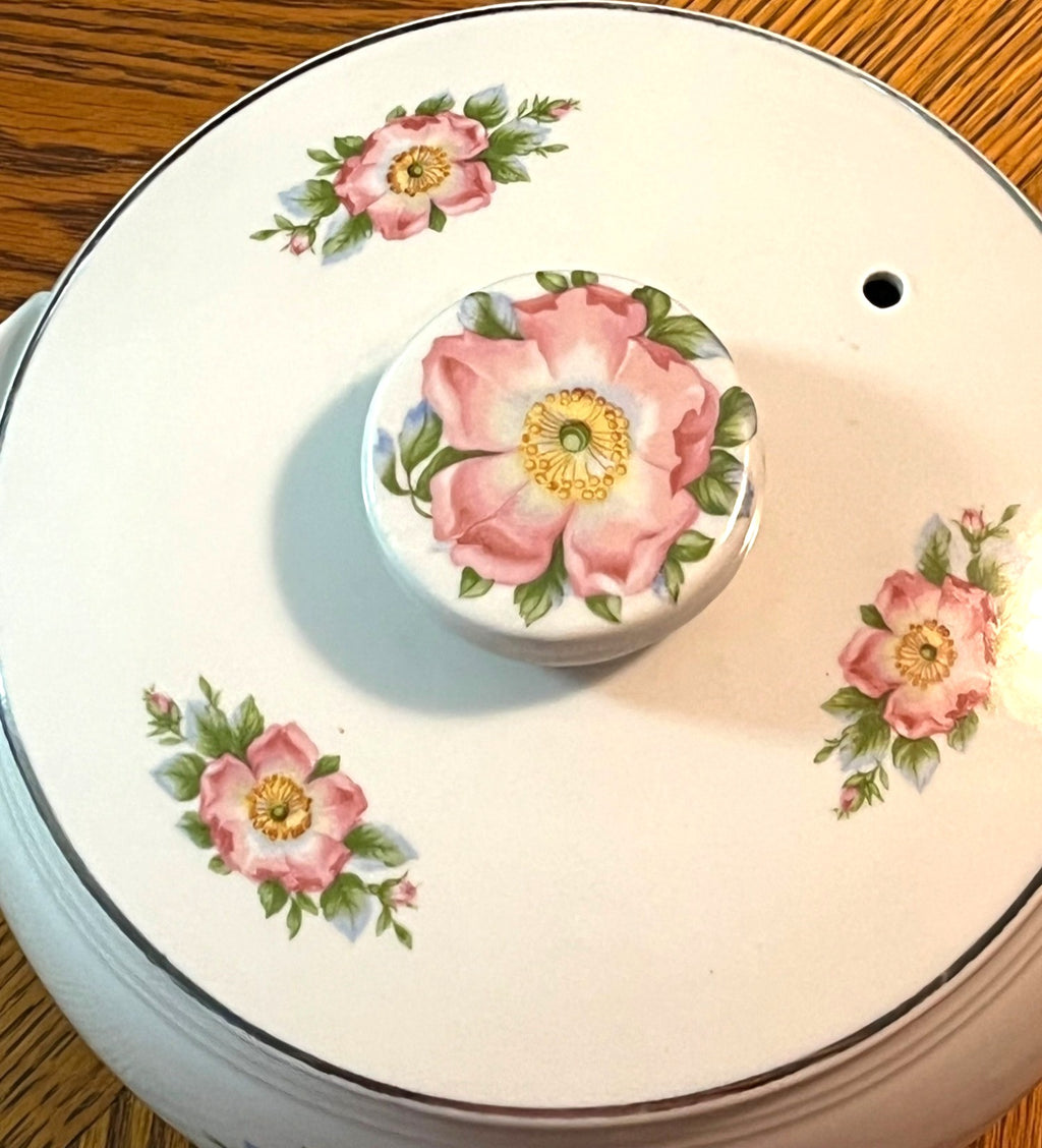 Vintage Halls Superior Rose White Kitchenware Ceramic Covered Casserole Dish With Handles Floral Pattern and Silver Trim Made In USA