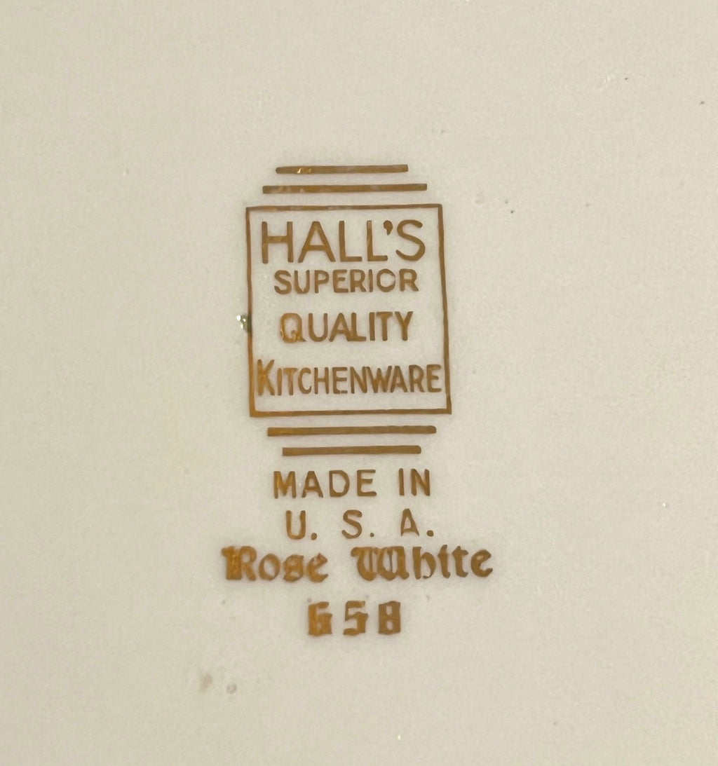 Vintage Halls Superior Rose White Kitchenware Ceramic Covered Casserole Dish With Handles Floral Pattern and Silver Trim Made In USA