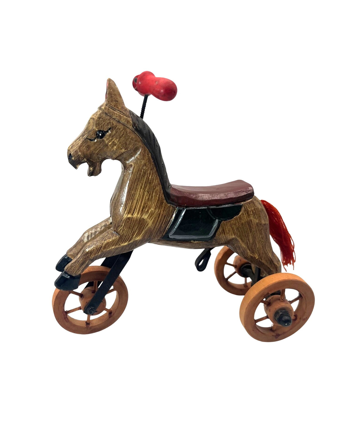 Vintage Folk Art Wooden Horse Tricycle With Red Handlebars & String Tail - Handcrafted Decorative Collectible 7" high