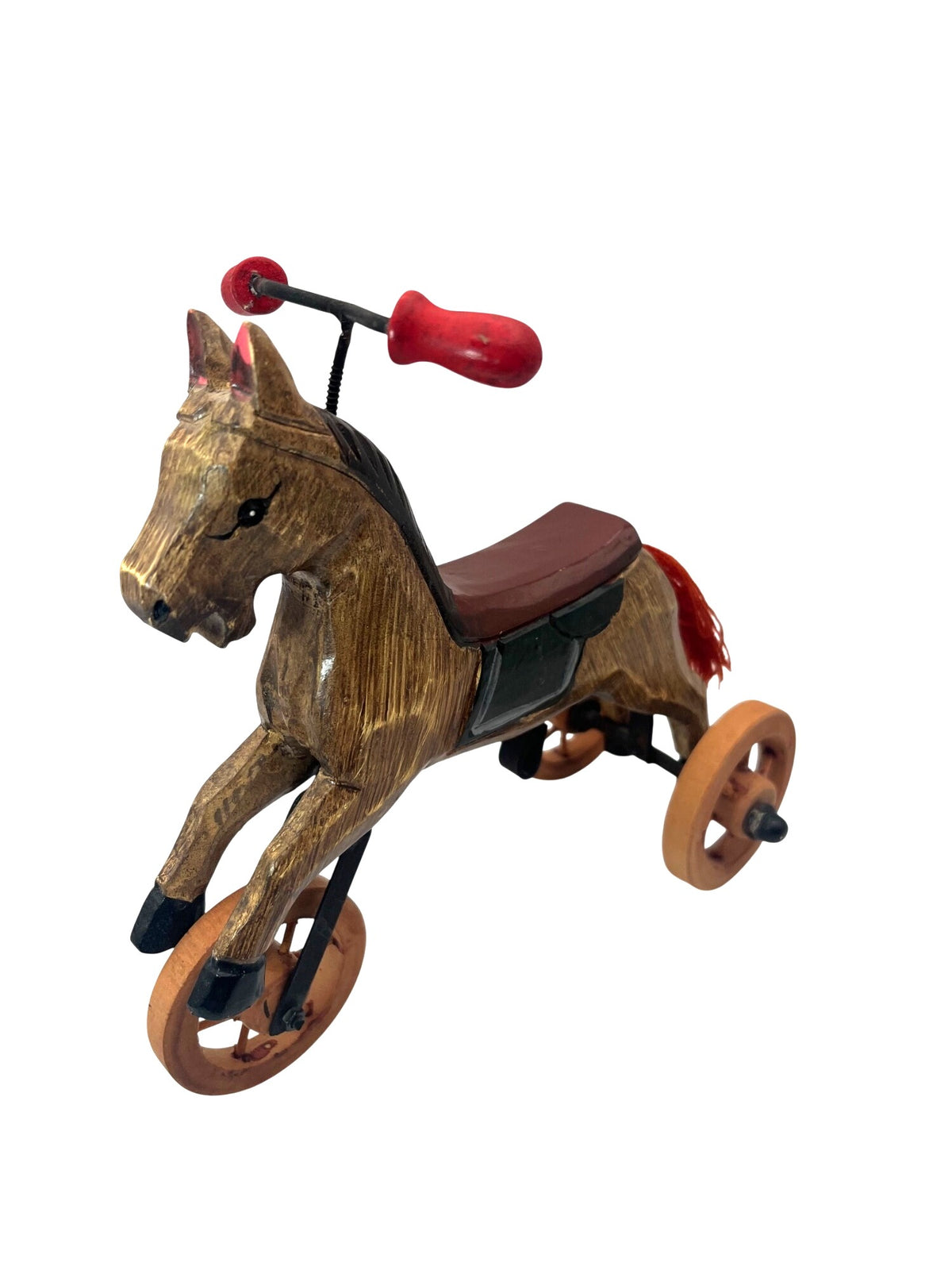 Vintage Folk Art Wooden Horse Tricycle With Red Handlebars & String Tail - Handcrafted Decorative Collectible 7" high