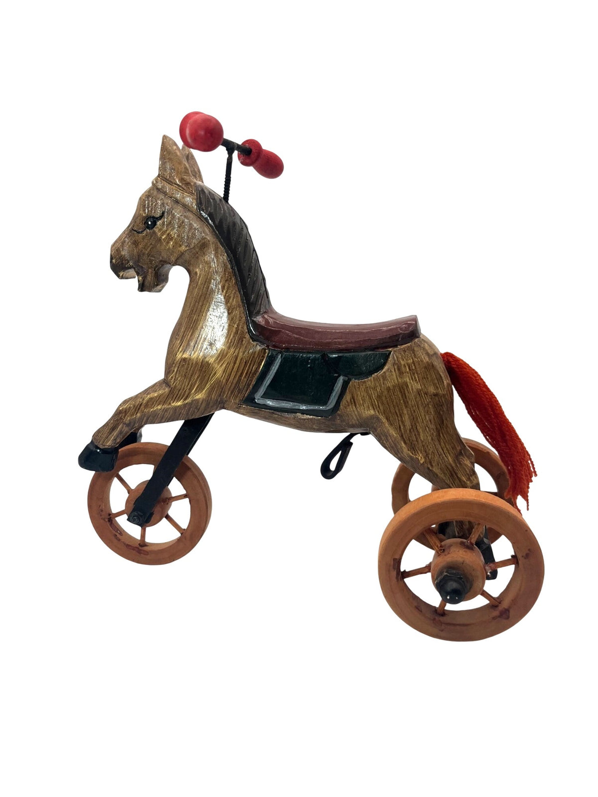 Vintage Folk Art Wooden Horse Tricycle With Red Handlebars & String Tail - Handcrafted Decorative Collectible 7" high